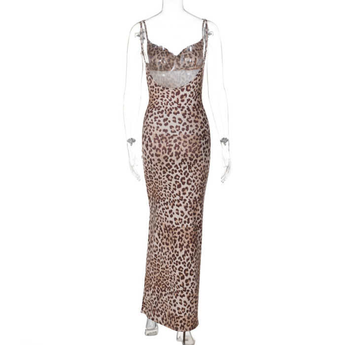 Women Summer Print Slit Sexy Backless Strap Dress