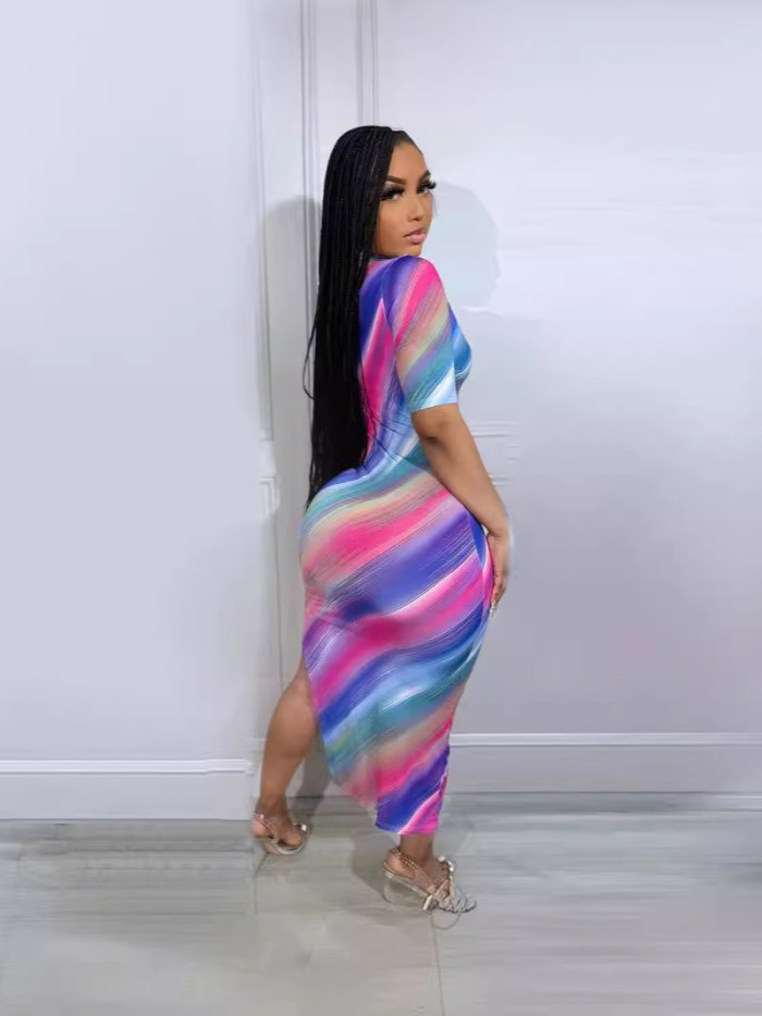 Spring Summer Women's Fashion Striped Printed Turndown Collar Elegant Short Sleeve Split Dresses