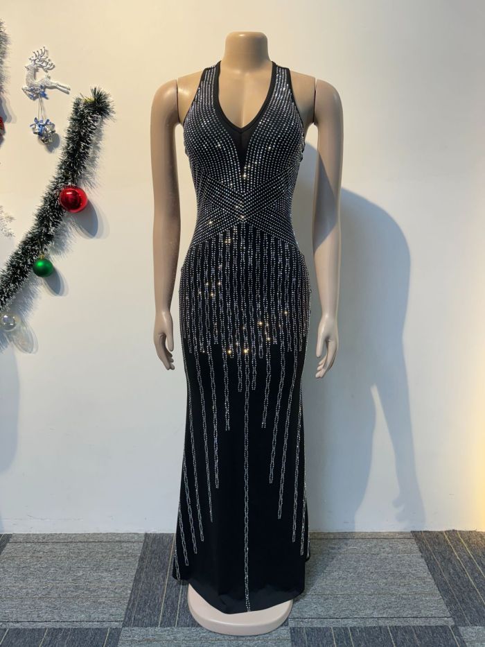 Sexy Beaded V-Neck Sleeveless Slim Elastic Long Dress
