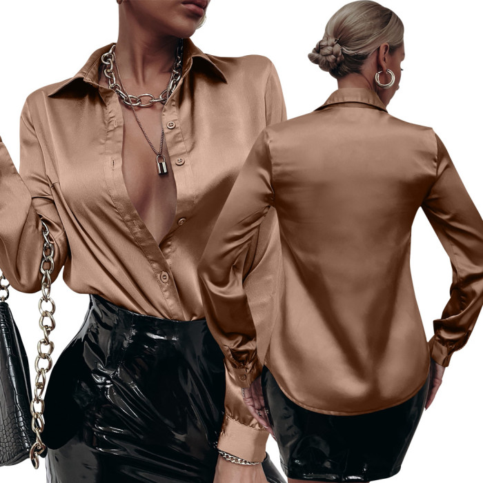 Sexy Fashion Solid Color Long Sleeve Shirt Satin Blouse