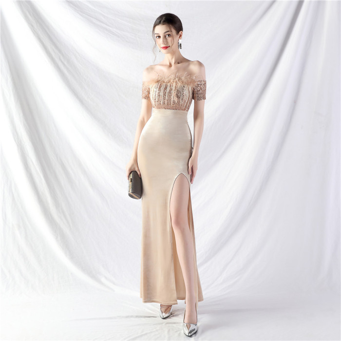 Women ostrich feather velvet Off Shoulder evening dress
