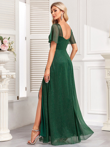 Women's Elegant Short Sleeve Square Neck Shiny Tulle Slit Evening Dress