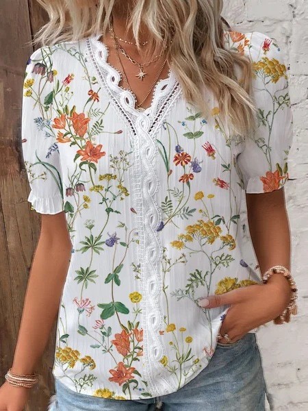 Summer v-neck lace Patchwork printed shirt shirt women's clothing
