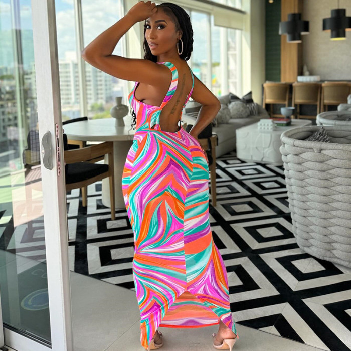 Women printed sleeveless slit irregular dress