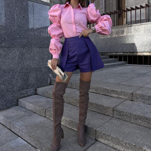 Autumn Women's Fashion Chic Loose Long Sleeve Turndown Collar Solid Color Linen Shirt