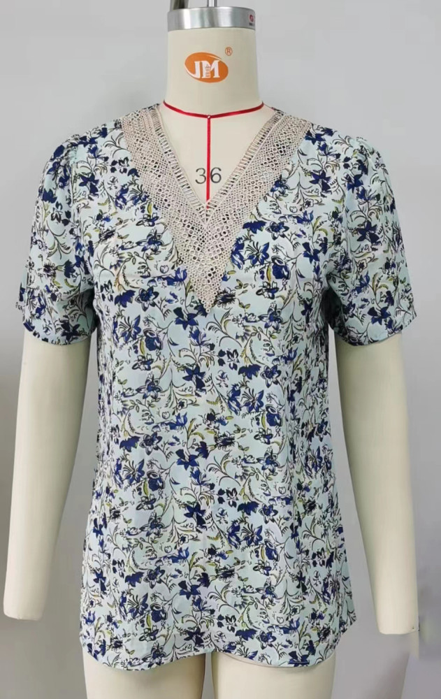Women Summer Lace Patchwork V-Neck Chiffon Print Loose Short Sleeve Top