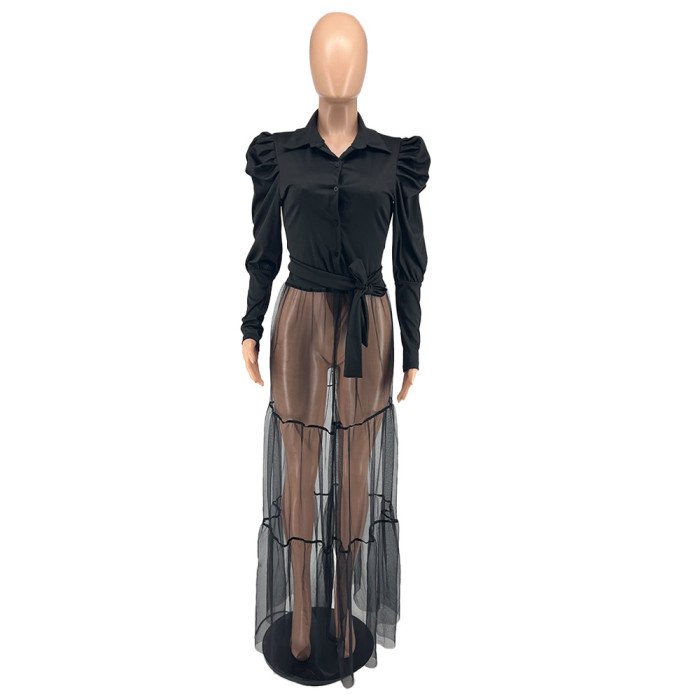 Women's Autumn And Winter Long-Sleeved Pile Sleeve Shirt Mesh Top Solid Color Women Top