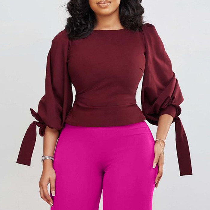 Women's Spring Fashion Chic Slim Fit Solid Lace-Up Bubble Sleeve Shirt