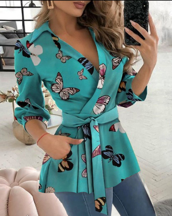 Women Autumn Printed Long Sleeve V Neck Belt Shirt