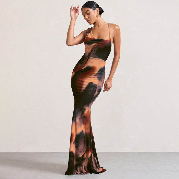 Women's Summer Chic Elegant Print Slim High Waist Fishtail Long Dress