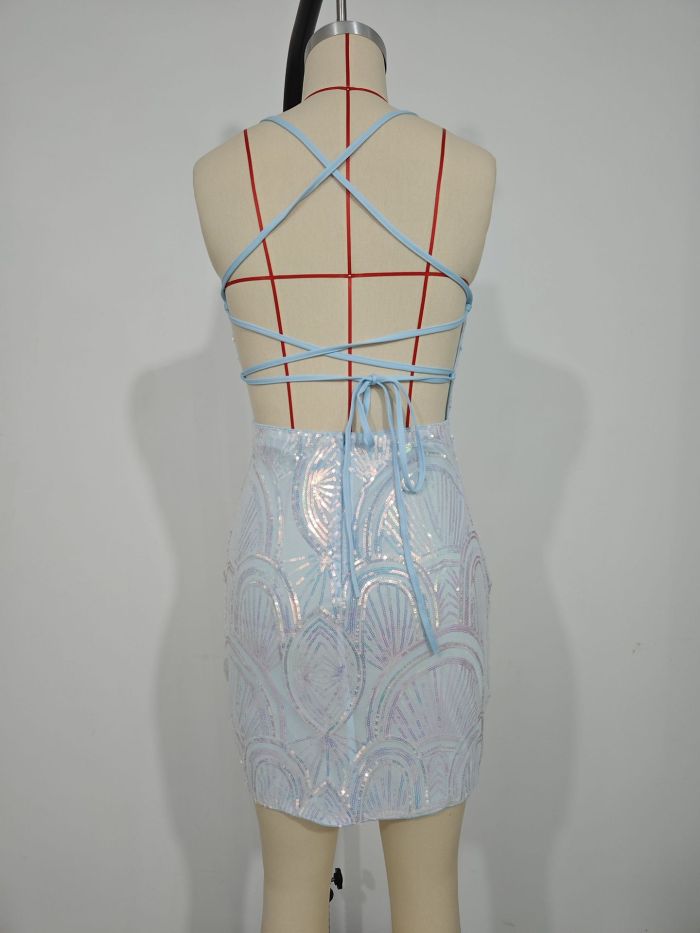 Summer Fashion Sexy Strap Backless Sequin Mini Bodycon Dress Formal Party Gown