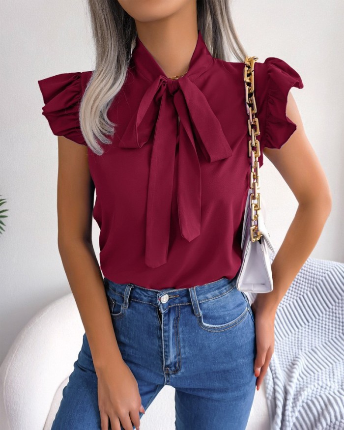 Women'S Summer Solid Color Simple Bowknot Short Sleeve Shirt