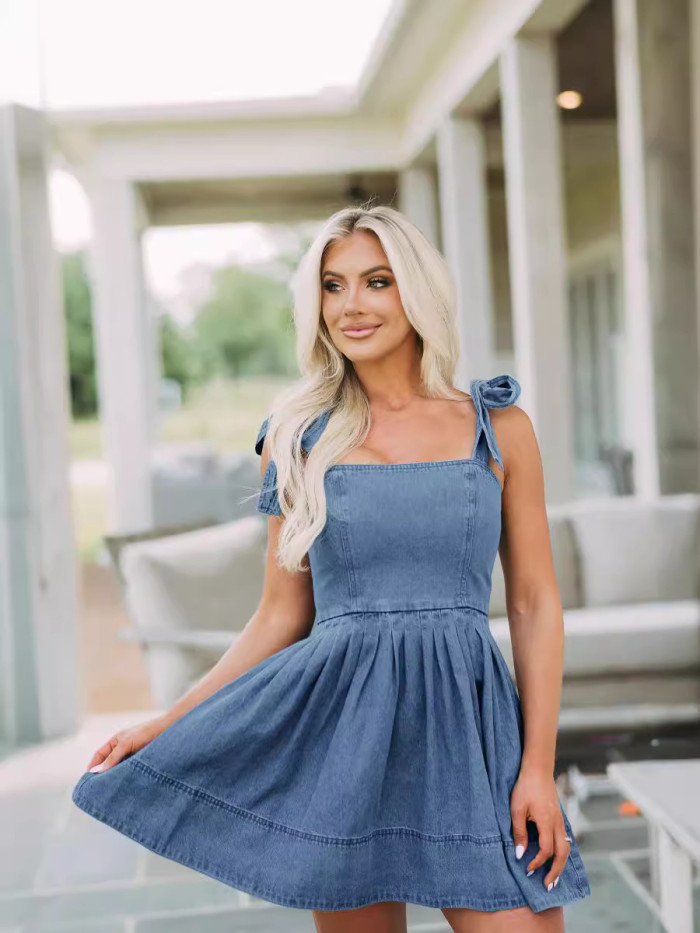 Spring Summer Chic Career Fashion Strap Denim Women's Dress