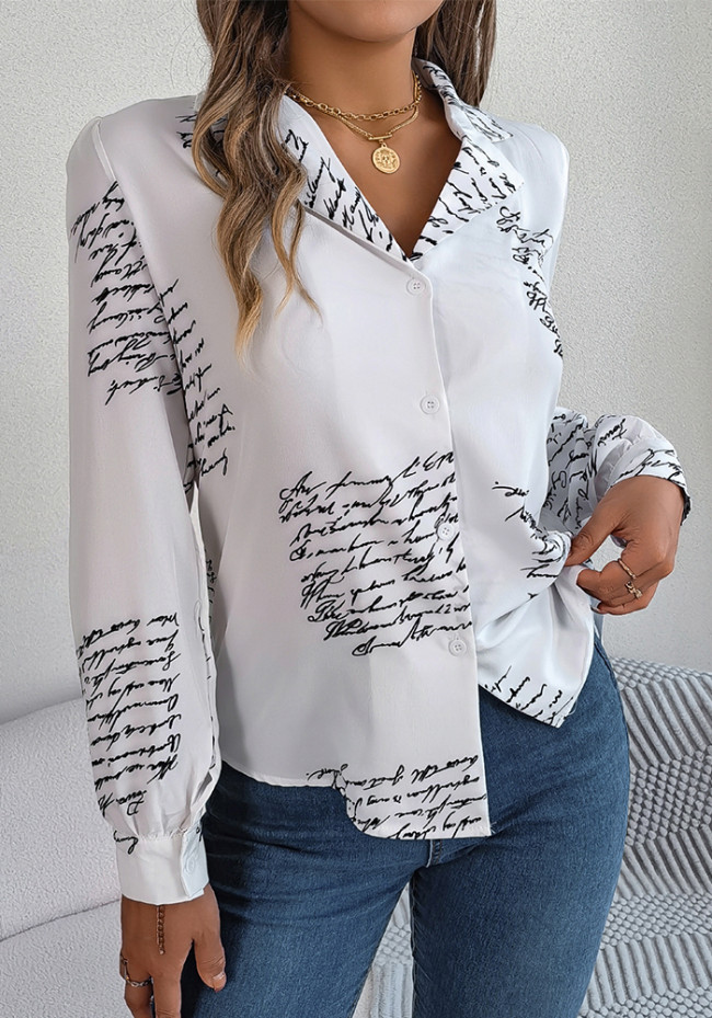 Fall Winter Casual All-Match Letter Turndown Collar Long Sleeve Shirt