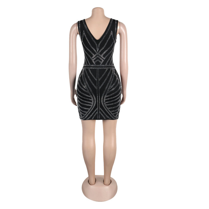 Women sexy beaded v-neck bodycon stretch dress