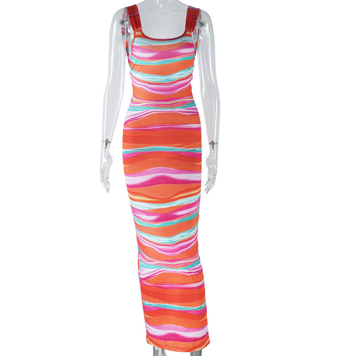 Women printed sleeveless slit irregular dress