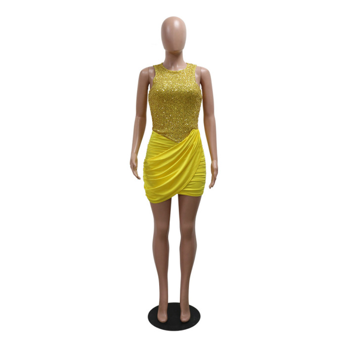 Women Sexy Sleeveless Round Neck Irregular Sequin Mini Dress