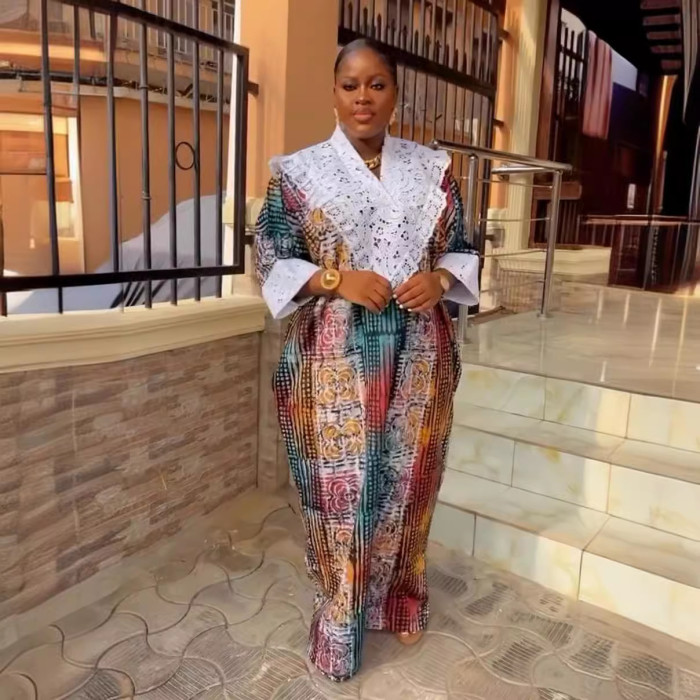 Muslim Women's Lace Patchwork Printing Robe Africa Plus Size Dress