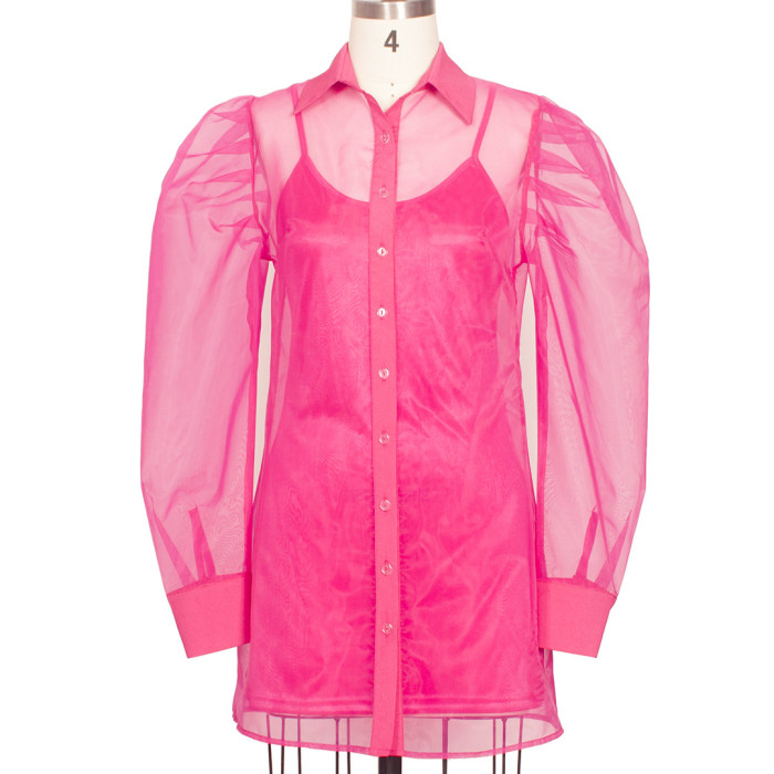 Spring Summer Women's Puff Sleeve Organza Shirt Straps Basic Dress Two-Piece Set