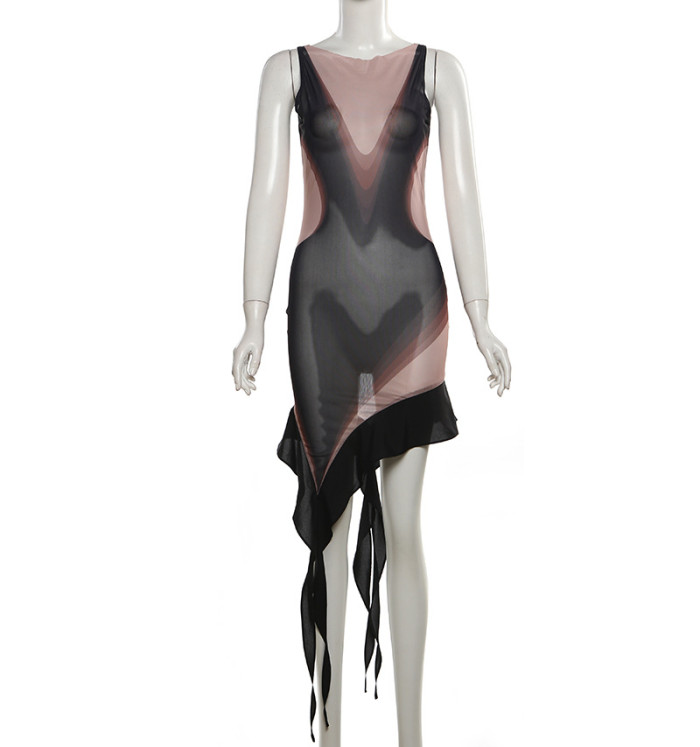 Summer sexy see-through slim sleeveless irregular chic dresses