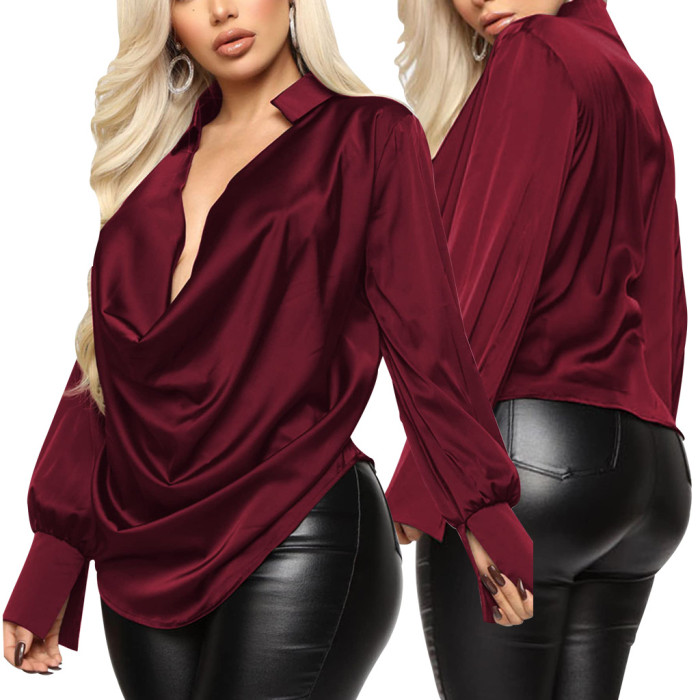 Sexy Fashion Solid Color Stretch Ladies Satin Blouse
