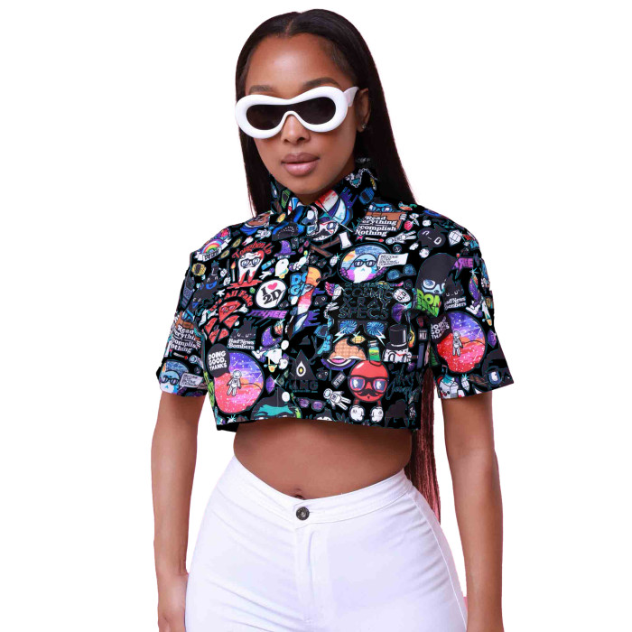 Women's Casual Style Print Turndown Collar Short Sleeve Shirt Top