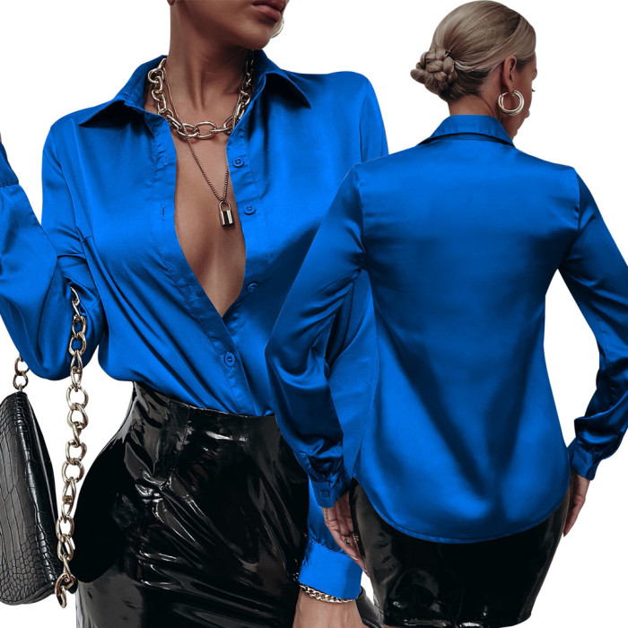 Sexy Fashion Solid Color Long Sleeve Shirt Satin Blouse
