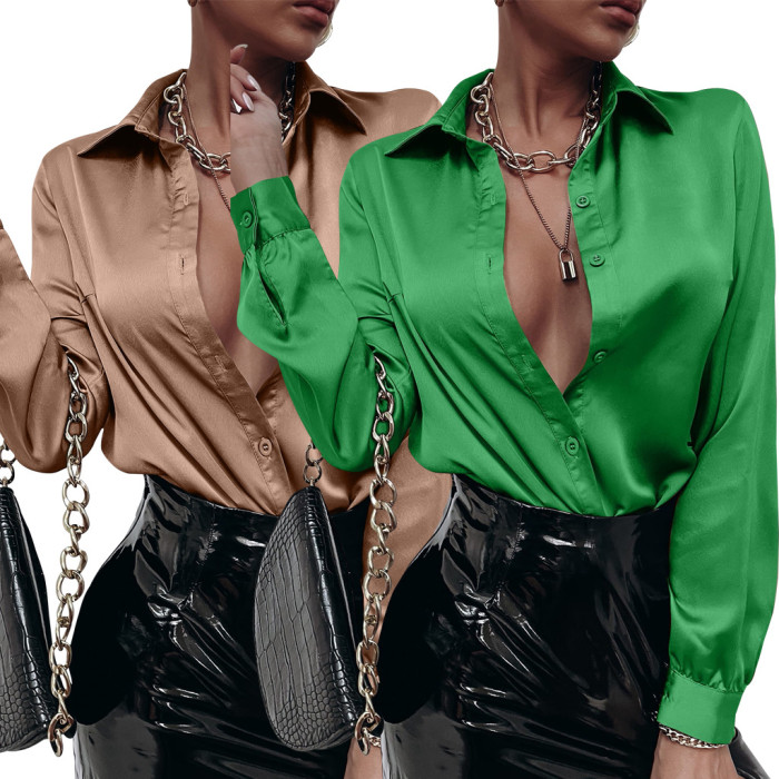 Sexy Fashion Solid Color Long Sleeve Shirt Satin Blouse