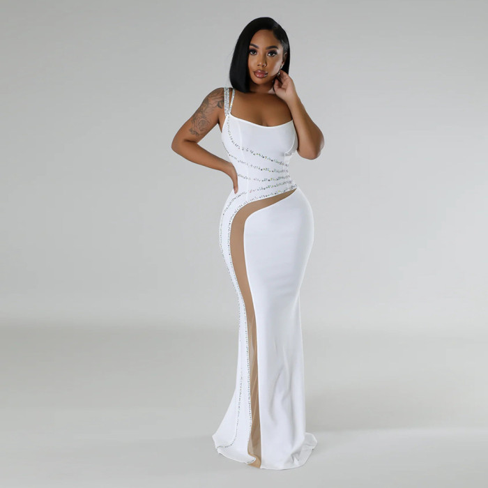 Women Sexy Strapless Beaded Maxi Evening Dress