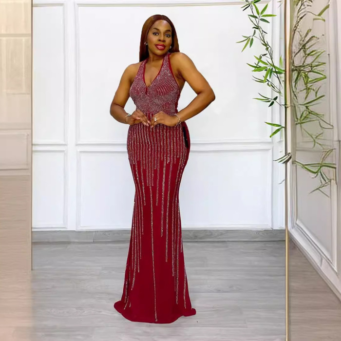 Sexy Beaded V-Neck Sleeveless Slim Elastic Long Dress