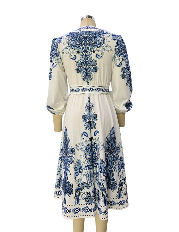 Autumn Women Fashion V-Neck Long Sleeve Bohemian Print Dress