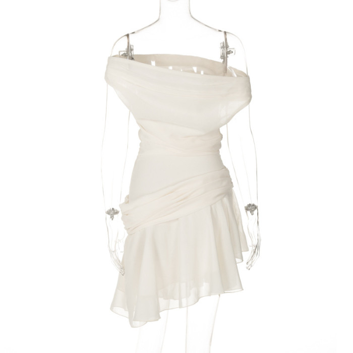 Women Summer Solid Sleeveless Off-shoulder French Irregular Dress
