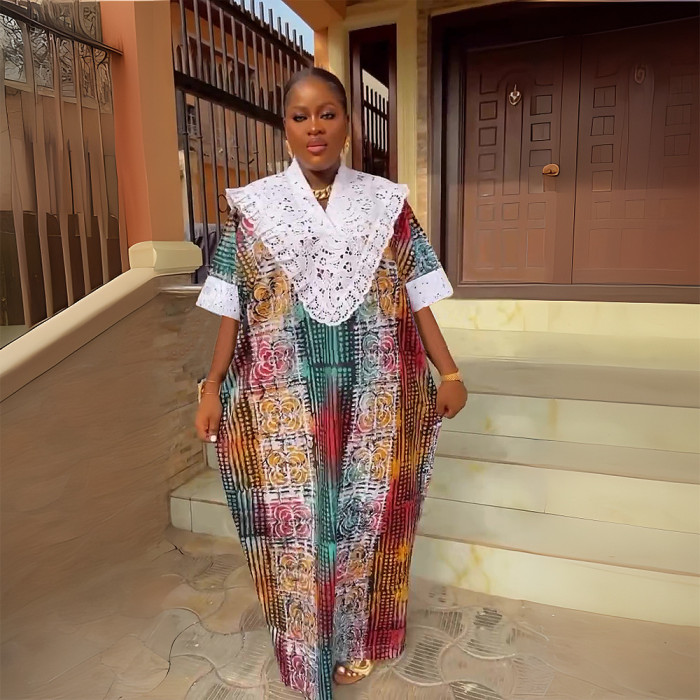 Muslim Women's Lace Patchwork Printing Robe Africa Plus Size Dress