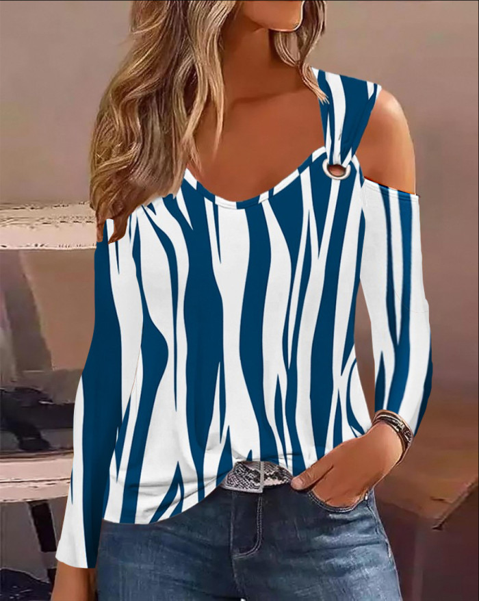 Women Autumn Metal Button V-Neck Shirt