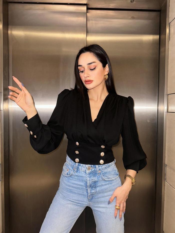 Women's V-Neck Sexy Long-Sleeved Short Slim Waist Puff Sleeve Solid Color Pleated Shirt