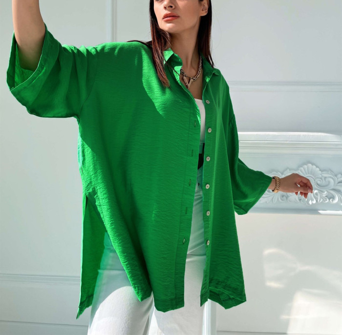 Shirt Women's Loose Bell Bottom Sleeve Spring Summer Comfortable Casual Solid Color Slit Shirt