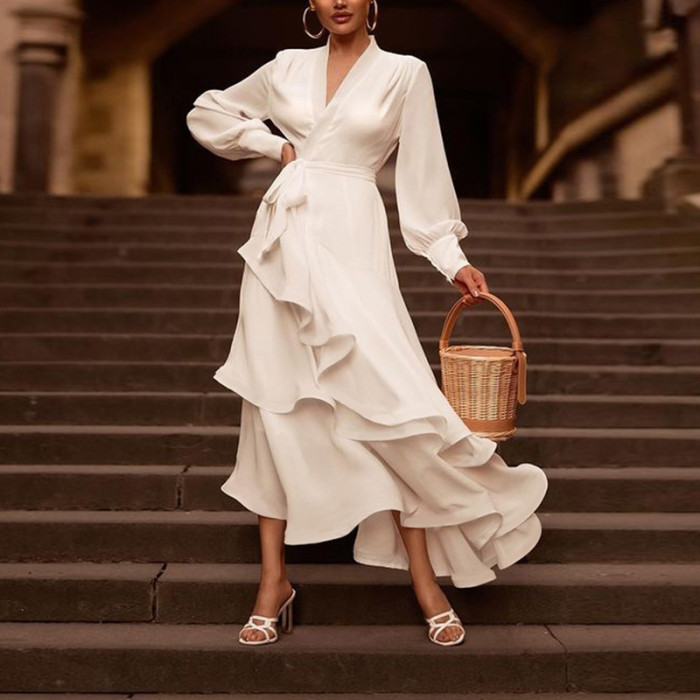 Autumn solid color long sleeve elegant dress