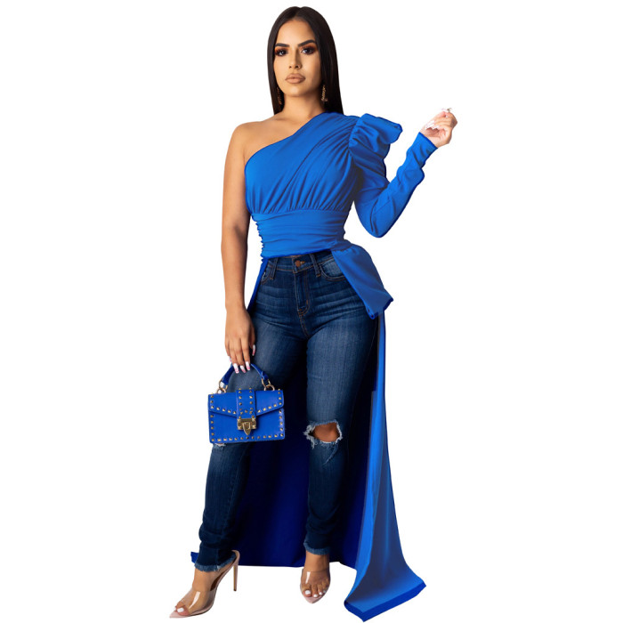 Summer Women Sexy Irregular One Shoulder Long Sleeve Solid Top