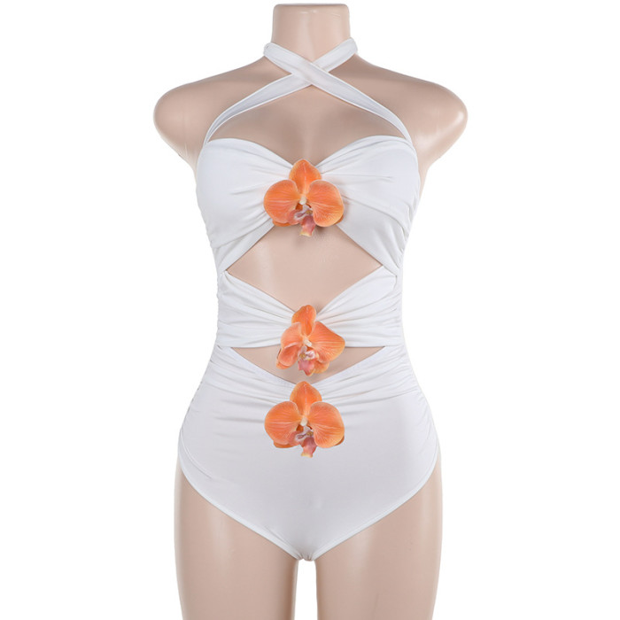 Women Cross Halter Neck Flower Summer Hollow Bodycon Mini Dress