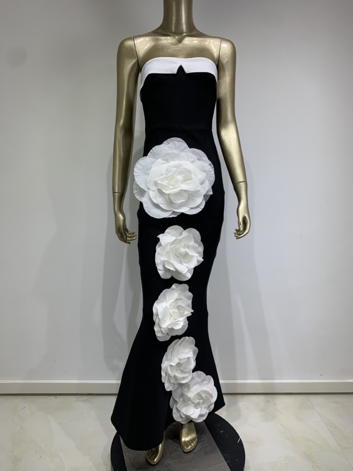 Women Strapless Black and White Patchwork Large Flower Party Bandage Dress