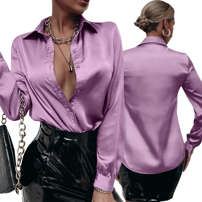 Sexy Fashion Solid Color Long Sleeve Shirt Satin Blouse