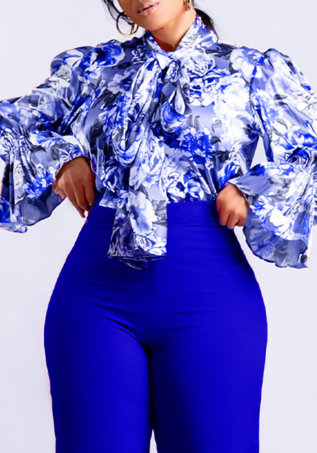 Women's Fashion Chic Slim Fit Printed Lace-Up Plus Size African Shirt
