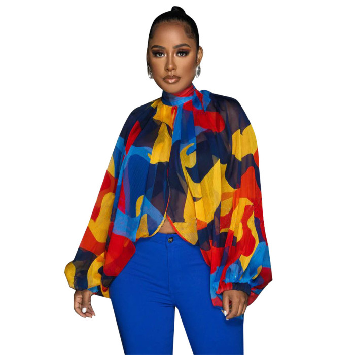Women's Summer Lace-Up Printed Chiffon Shirt Bat Sleeves Top