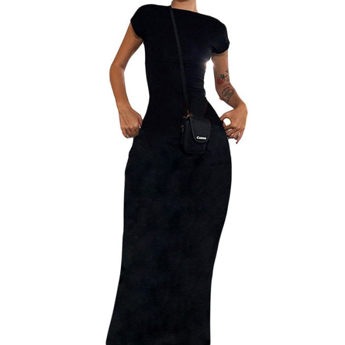 Women Short Sleeve Round Neck Bodycon Backless Dress