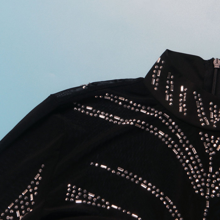 Sexy See-Through Beaded Mesh long sleeve Bodycon club dress