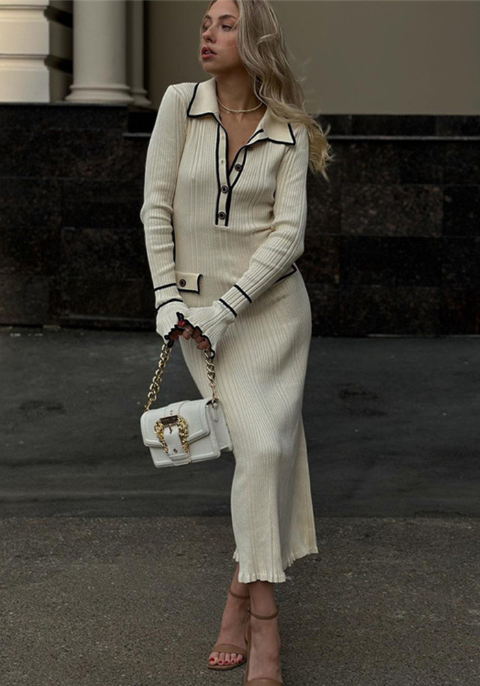 autumn winter sweater dress Turndown Collar Tight Fitting Midi ruffled knitting dress