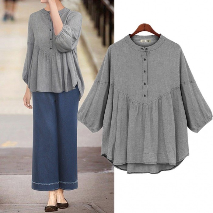 3/4 Sleeves Plus Size Top Loose Casual Slim Fit Chic V Neck Classic Plaid Shirt Women