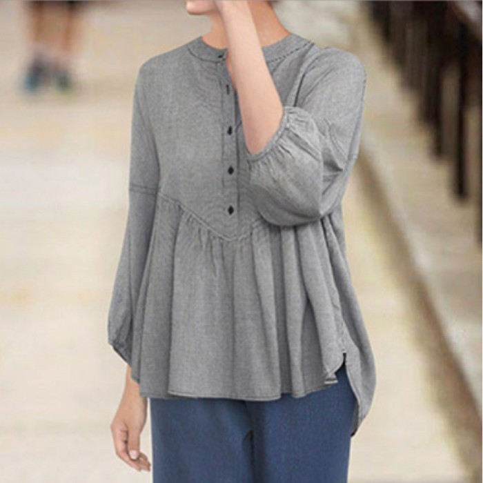 3/4 Sleeves Plus Size Top Loose Casual Slim Fit Chic V Neck Classic Plaid Shirt Women