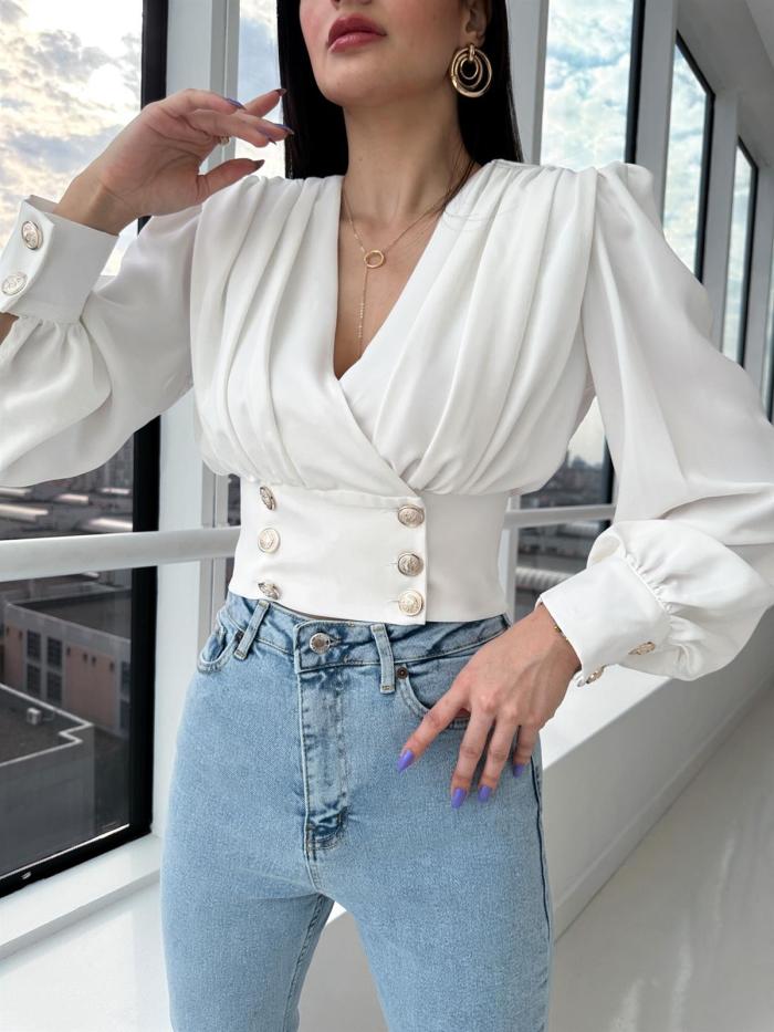 Women's V-Neck Sexy Long-Sleeved Short Slim Waist Puff Sleeve Solid Color Pleated Shirt
