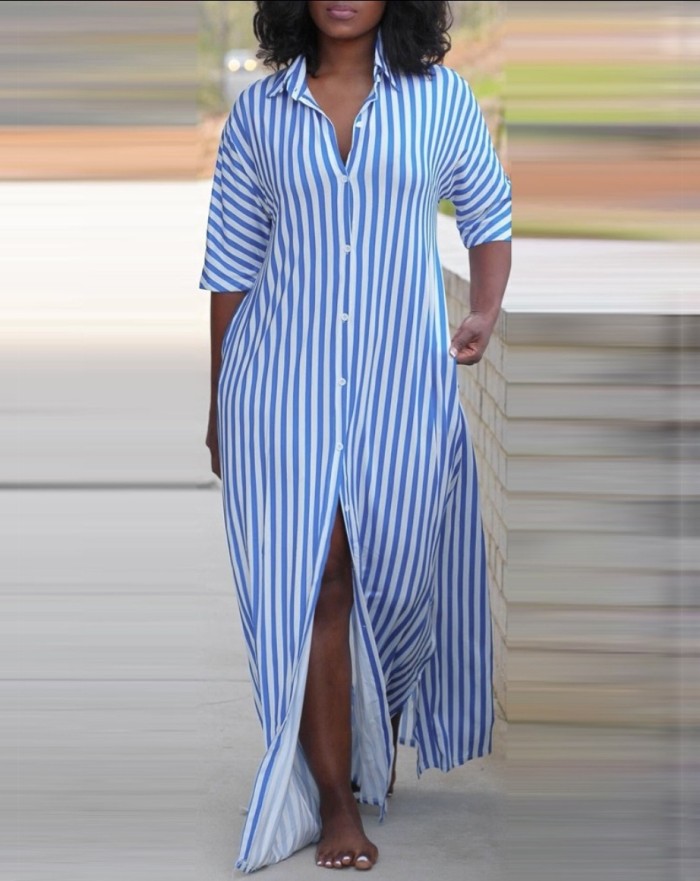 Women Summer Loose V-Neck Long Striped Shirt Dress